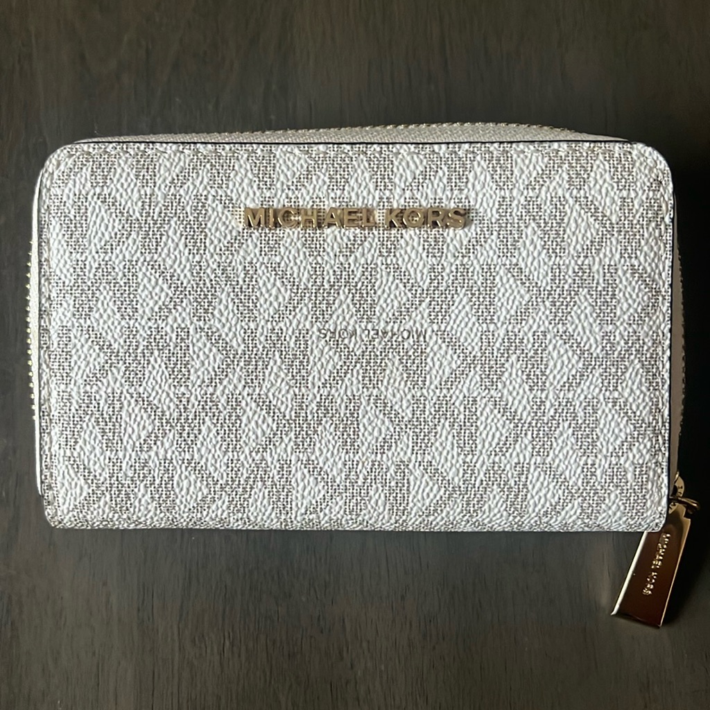 Michael Kors Silver White Logo Zip Around Wallet